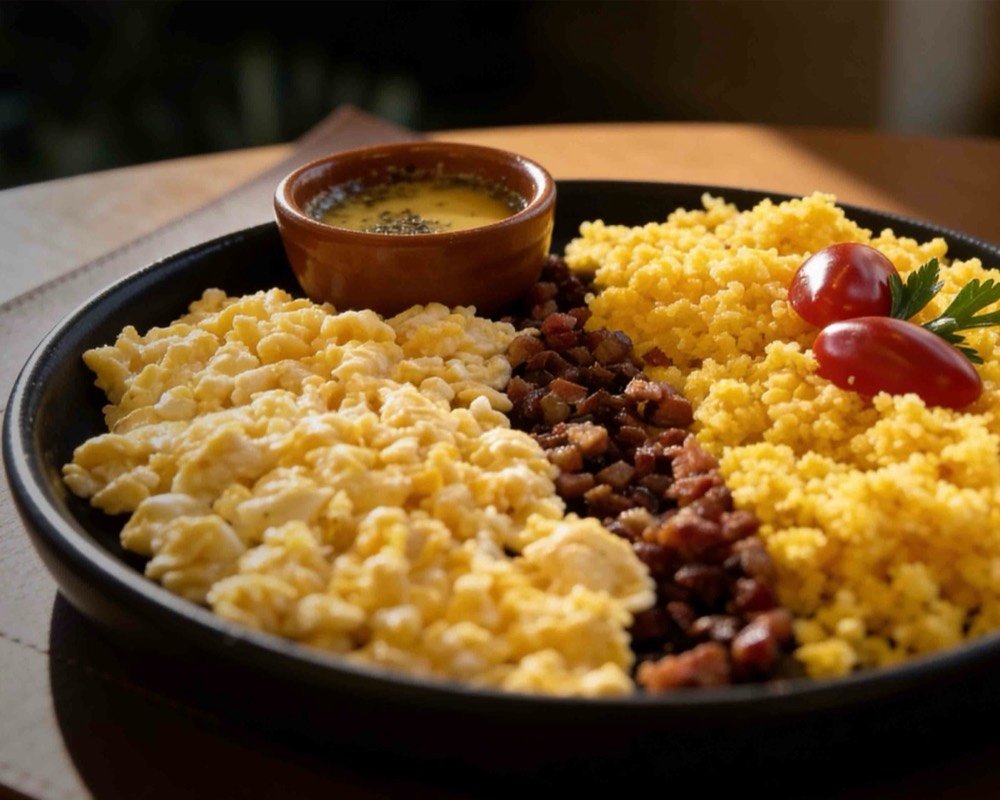 Cuscuz Florê com ovos cremosos e bacon